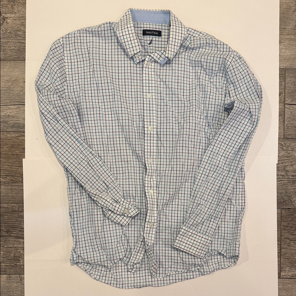 Nautica Men's White and Blue Plaid Shirt